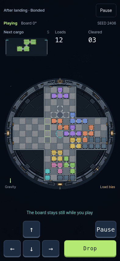 Orbitilt's update in development, showing the cross-shaped cargo board, next piece, and move, rotate, and drop controls.