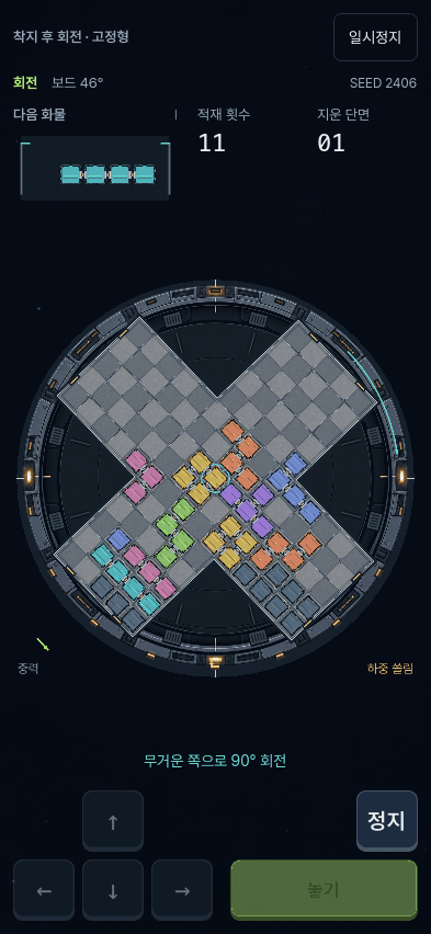 Orbitilt's update rotating the cargo board toward its weight, with controls disabled during the turn. Korean interface.