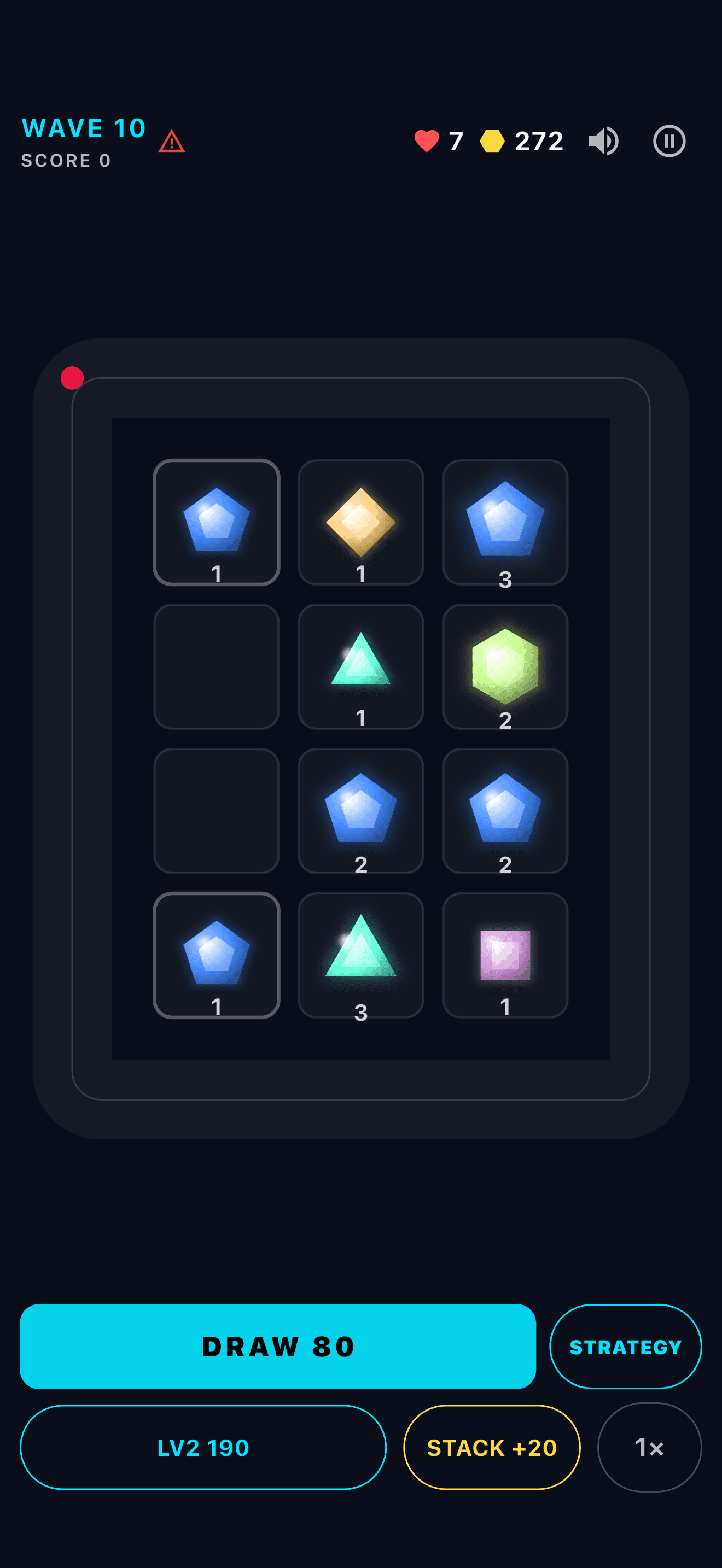 Prism Defense's game screen, with the tower board and summon and merge controls.