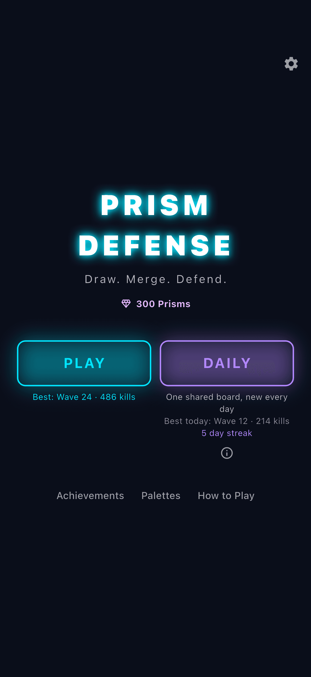 Prism Defense’s home screen and game menu.