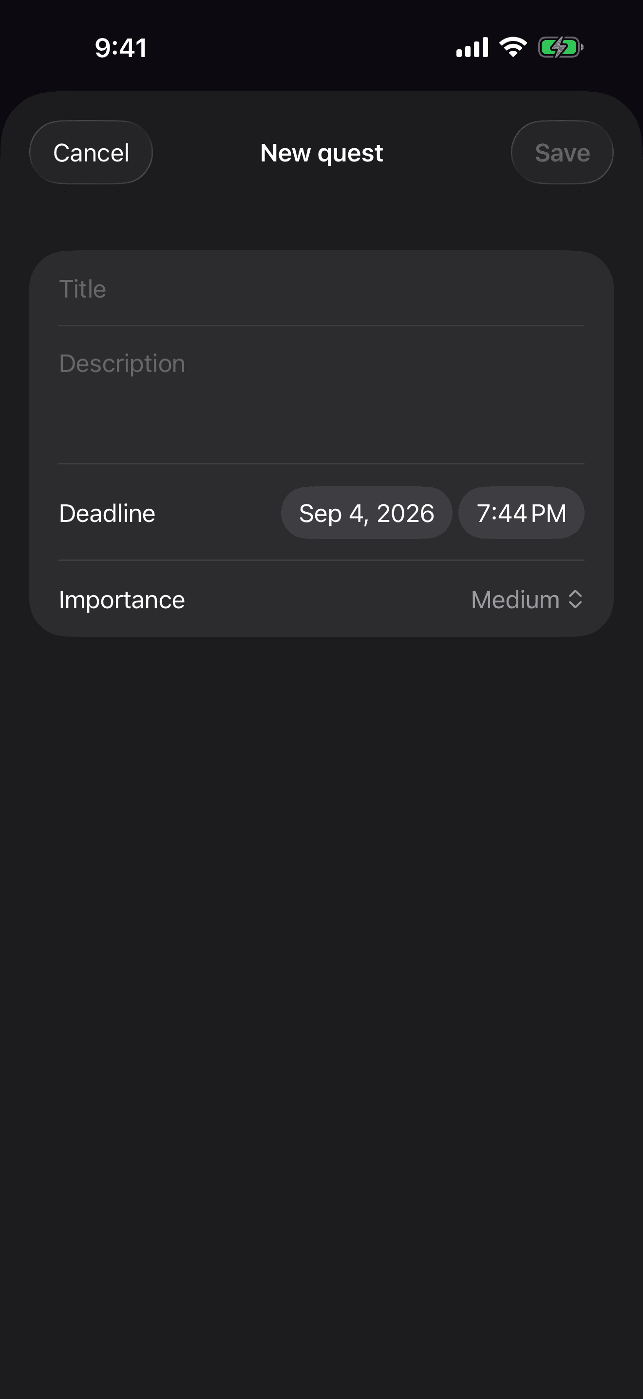TODO Slayer’s new quest editor with title, description, deadline, and importance fields.