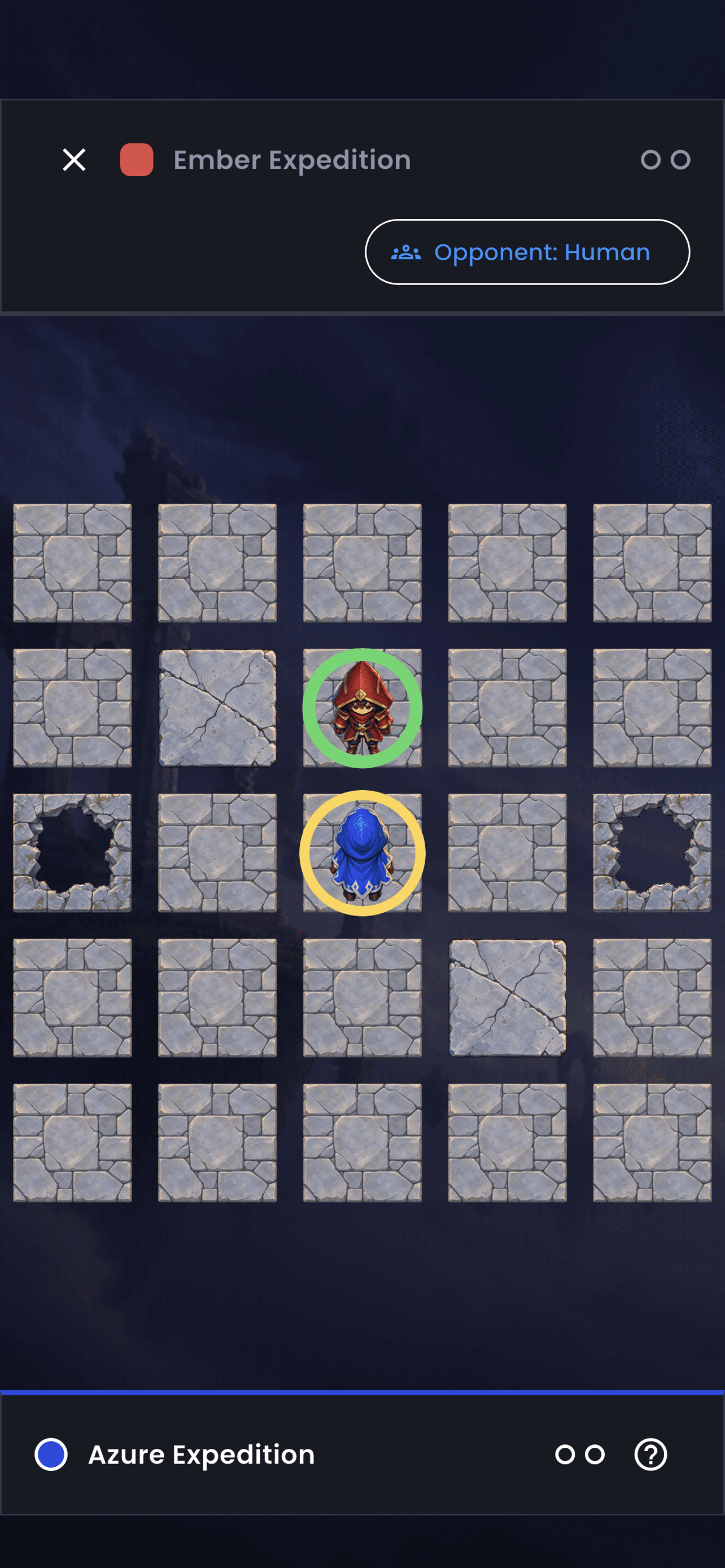 Ttush Push's board with two explorers, cracked and collapsed footholds, and a marked push target.