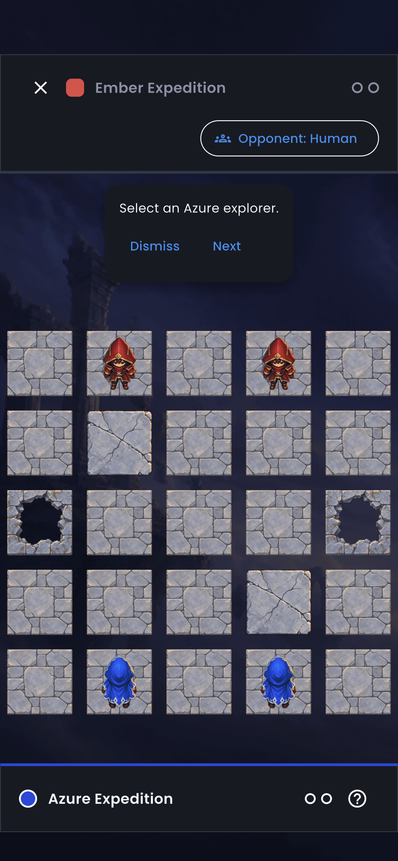 Ttush Push's first-match guide prompting the player to select an Azure explorer on the board.