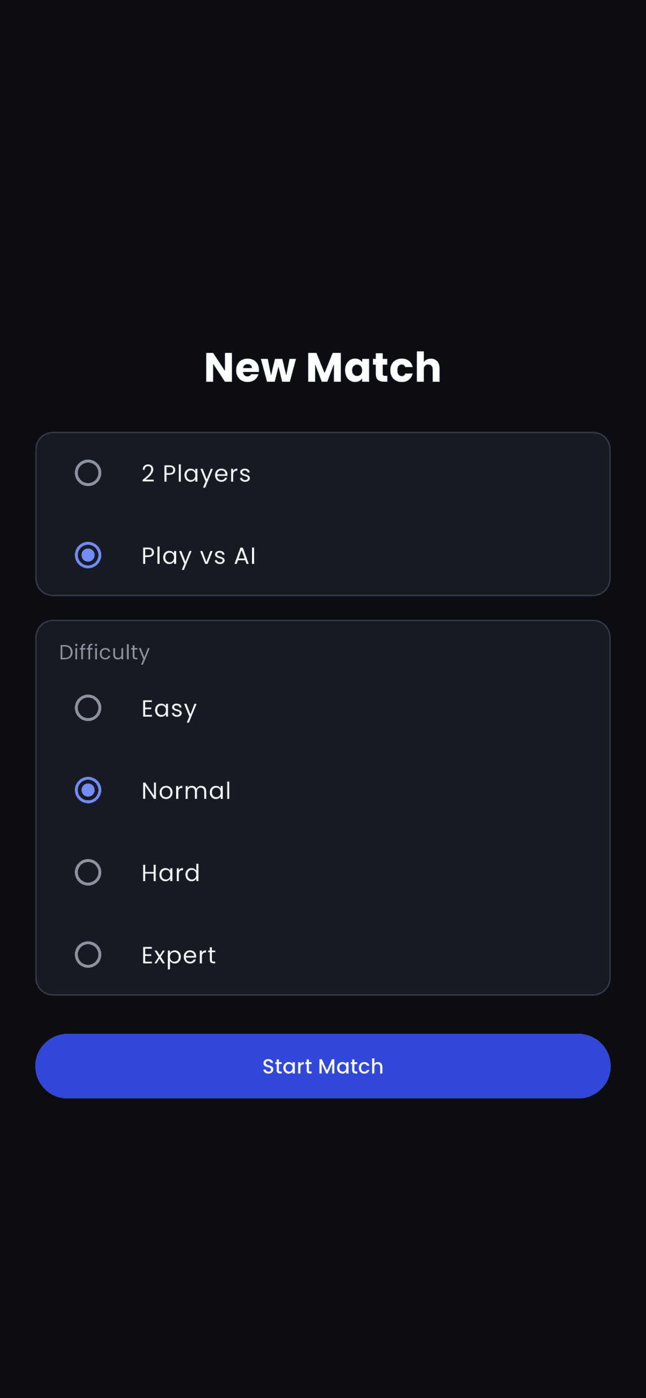 Ttush Push's new-match screen with two-player or AI play and four difficulty choices.