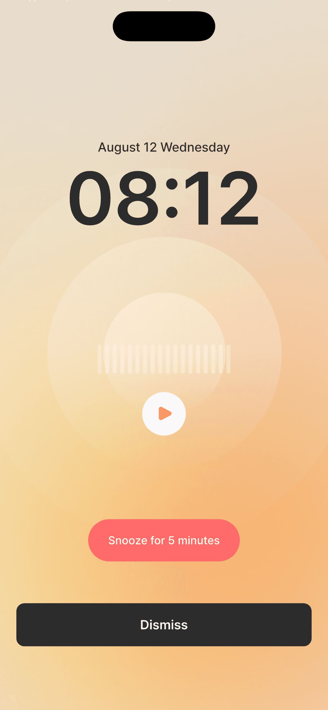 WarmWake's alarm screen, with recording playback, five-minute snooze, and dismiss controls.