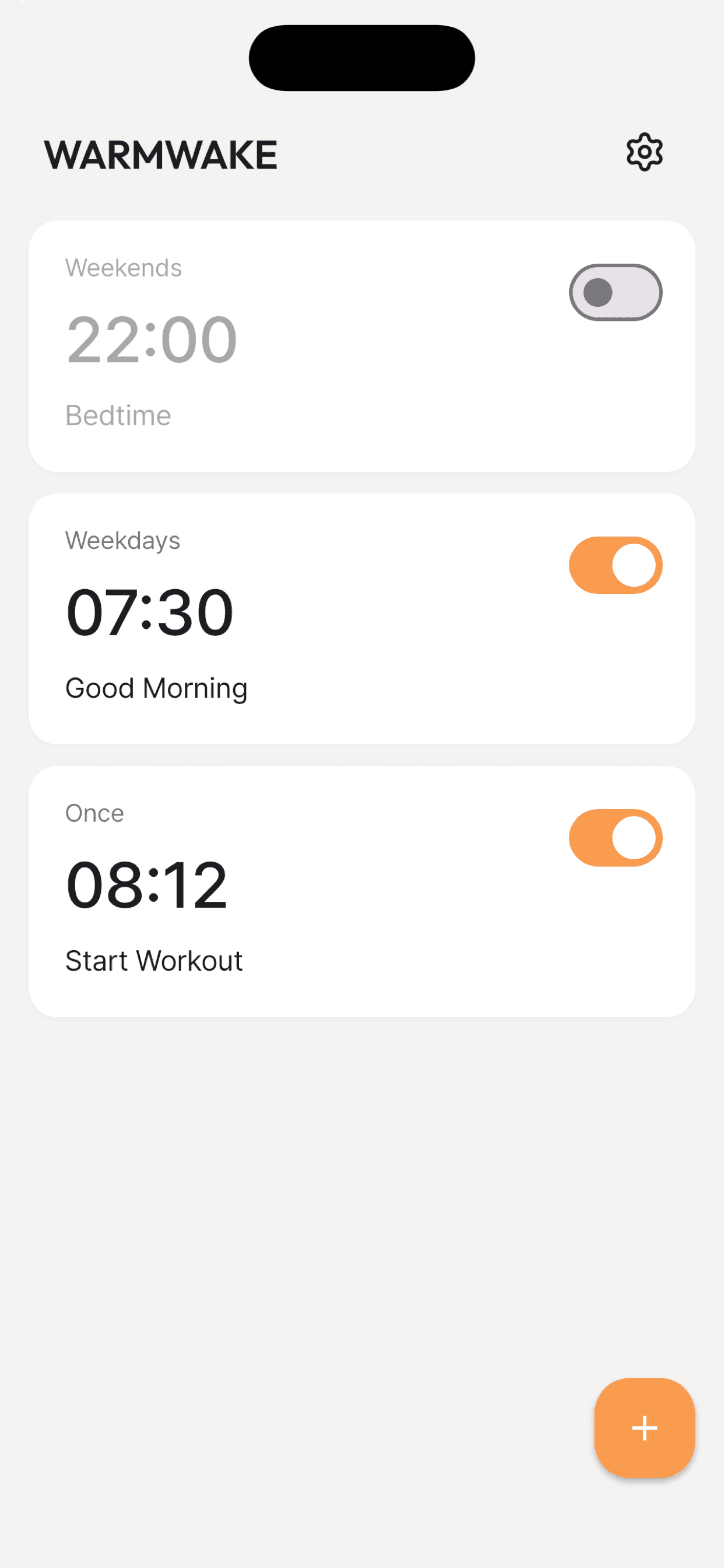 WarmWake’s alarm list and add-alarm button.