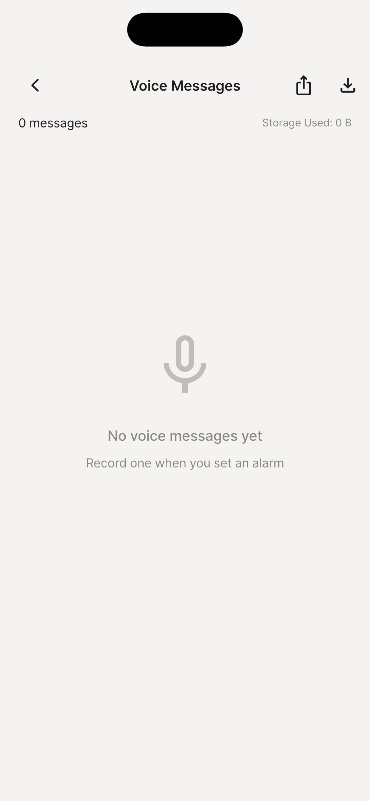 WarmWake’s empty Voice Messages screen, prompting the user to record a message when setting an alarm.